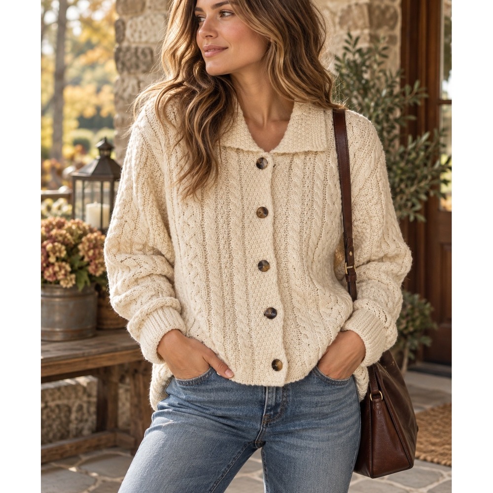 Aran Crafts Ireland Merino Wool Cable Knit Button Cardigan Sweater Cream Medium